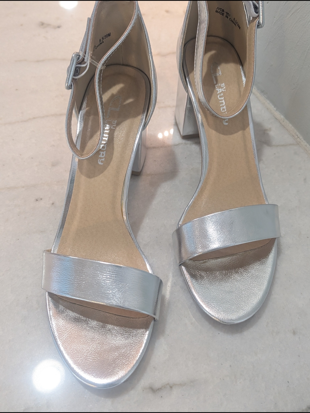 CL By Laundry Silver Metallic Block 3" Heel Ankle Strap Sandals Women's Heels - Picture 2 of 8